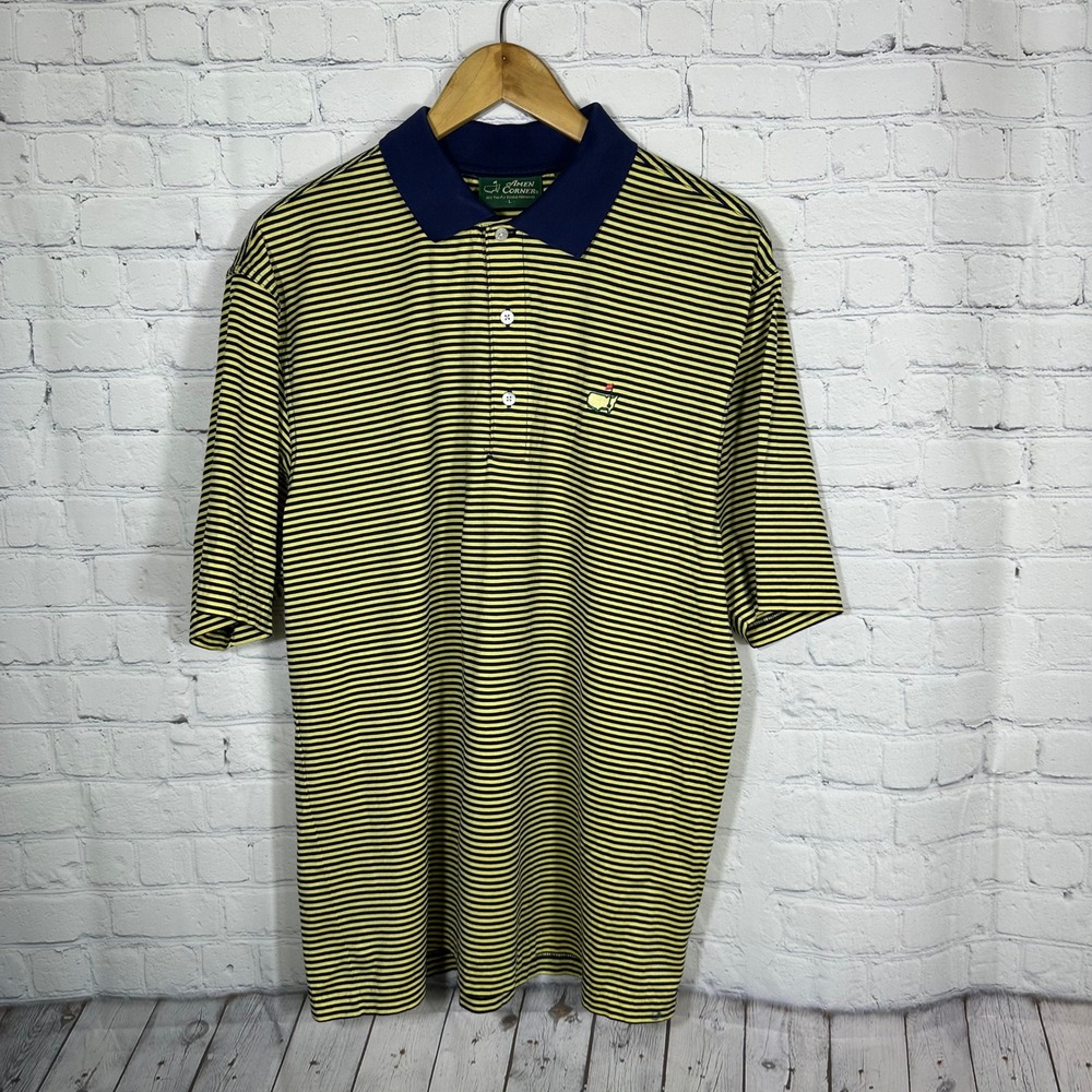 Amen Corner Masters Polo Shirt Mens L Yellow Navy Blue Striped Pima‎ Cotton Golf
